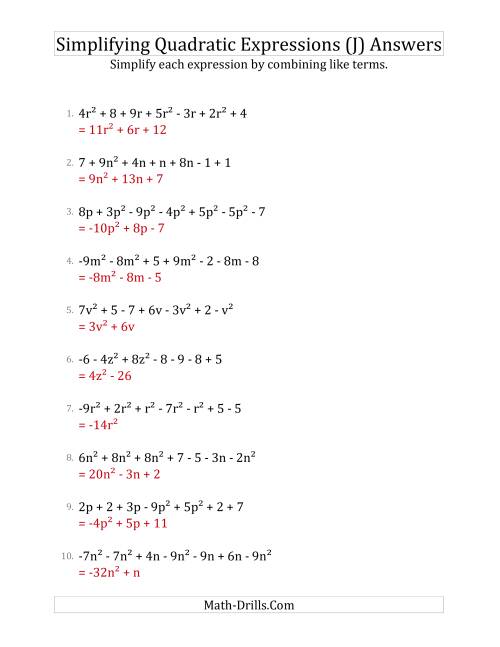 The Simplifying Quadratic Expressions with 7 Terms (J) Math Worksheet Page 2