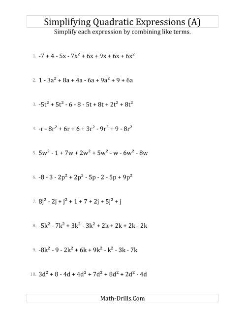 The Simplifying Quadratic Expressions with 8 Terms (A) Math Worksheet