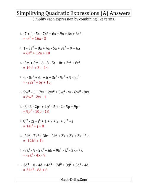 The Simplifying Quadratic Expressions with 8 Terms (A) Math Worksheet Page 2