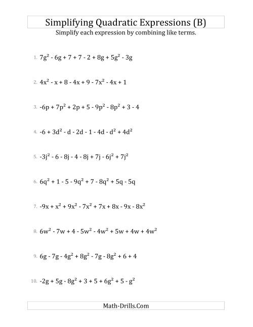 The Simplifying Quadratic Expressions with 8 Terms (B) Math Worksheet