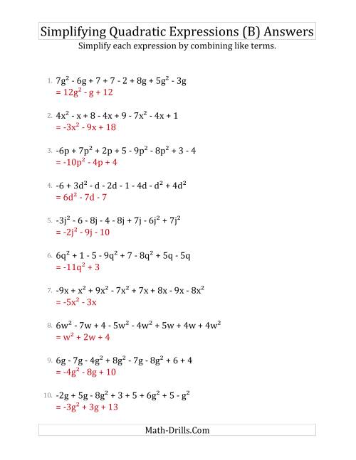 The Simplifying Quadratic Expressions with 8 Terms (B) Math Worksheet Page 2