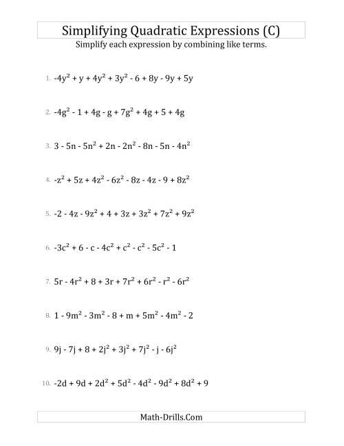 The Simplifying Quadratic Expressions with 8 Terms (C) Math Worksheet