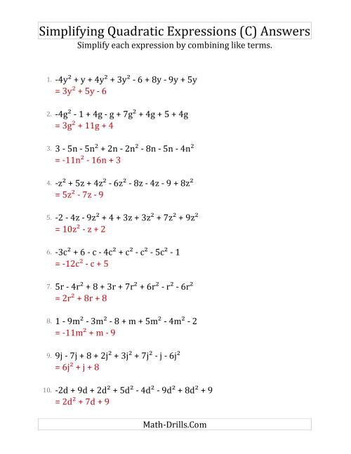 The Simplifying Quadratic Expressions with 8 Terms (C) Math Worksheet Page 2