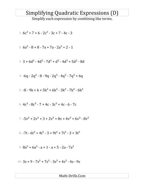 The Simplifying Quadratic Expressions with 8 Terms (D) Math Worksheet