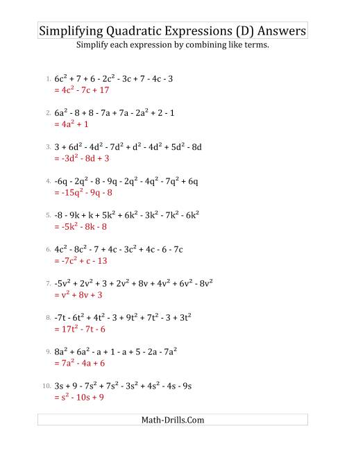 The Simplifying Quadratic Expressions with 8 Terms (D) Math Worksheet Page 2