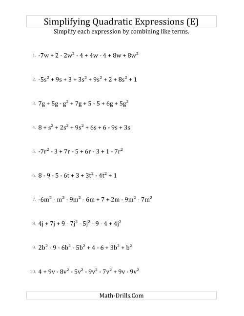 The Simplifying Quadratic Expressions with 8 Terms (E) Math Worksheet
