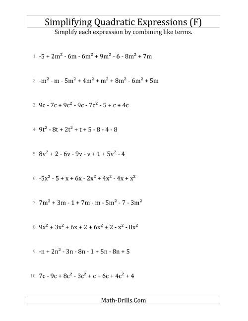 The Simplifying Quadratic Expressions with 8 Terms (F) Math Worksheet