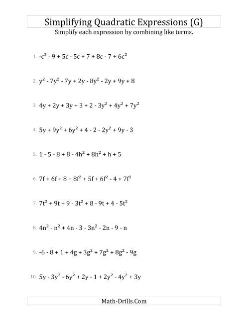 The Simplifying Quadratic Expressions with 8 Terms (G) Math Worksheet