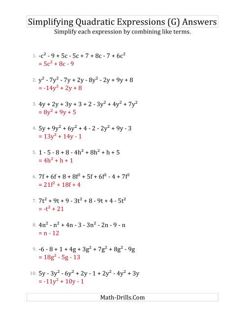 The Simplifying Quadratic Expressions with 8 Terms (G) Math Worksheet Page 2