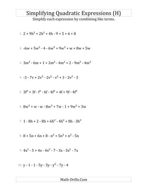 The Simplifying Quadratic Expressions with 8 Terms (H) Math Worksheet
