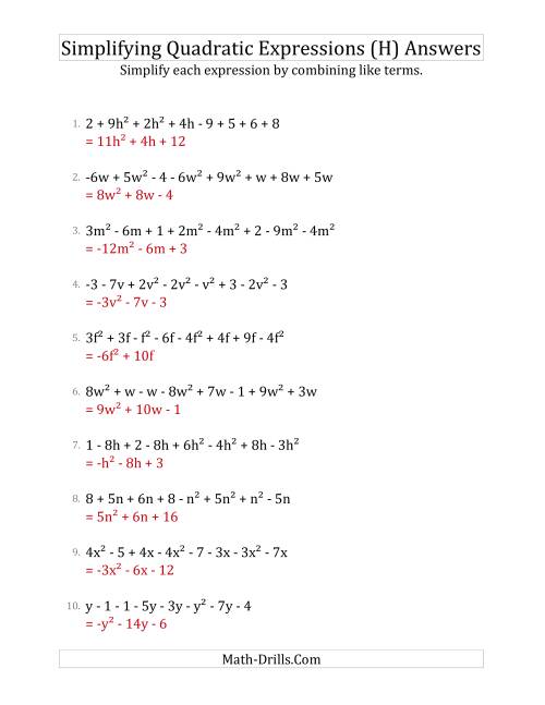 The Simplifying Quadratic Expressions with 8 Terms (H) Math Worksheet Page 2