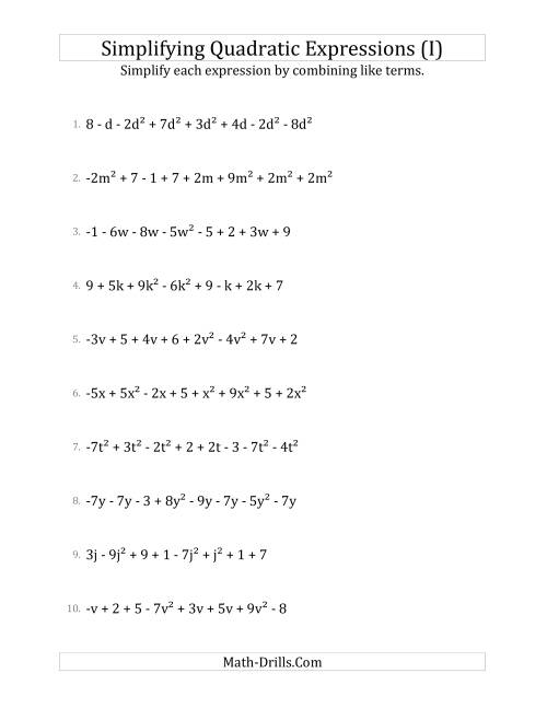 The Simplifying Quadratic Expressions with 8 Terms (I) Math Worksheet