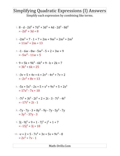 The Simplifying Quadratic Expressions with 8 Terms (I) Math Worksheet Page 2