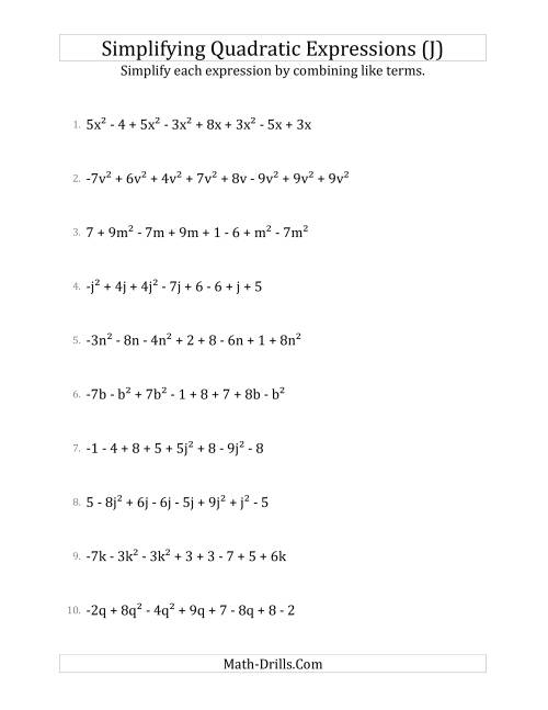 The Simplifying Quadratic Expressions with 8 Terms (J) Math Worksheet