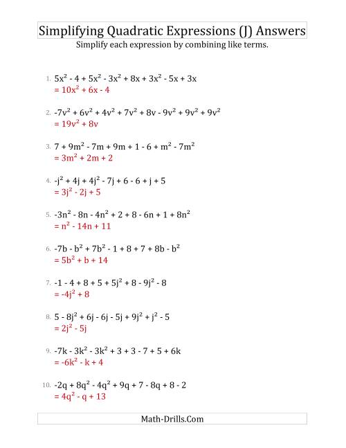 The Simplifying Quadratic Expressions with 8 Terms (J) Math Worksheet Page 2