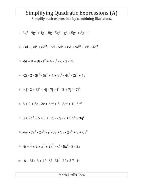 The Simplifying Quadratic Expressions with 9 Terms (A) Math Worksheet