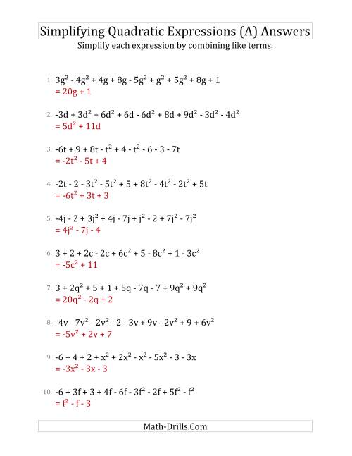 The Simplifying Quadratic Expressions with 9 Terms (A) Math Worksheet Page 2