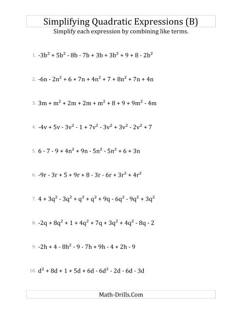 The Simplifying Quadratic Expressions with 9 Terms (B) Math Worksheet