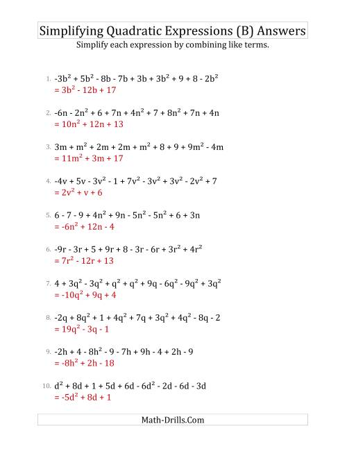 The Simplifying Quadratic Expressions with 9 Terms (B) Math Worksheet Page 2