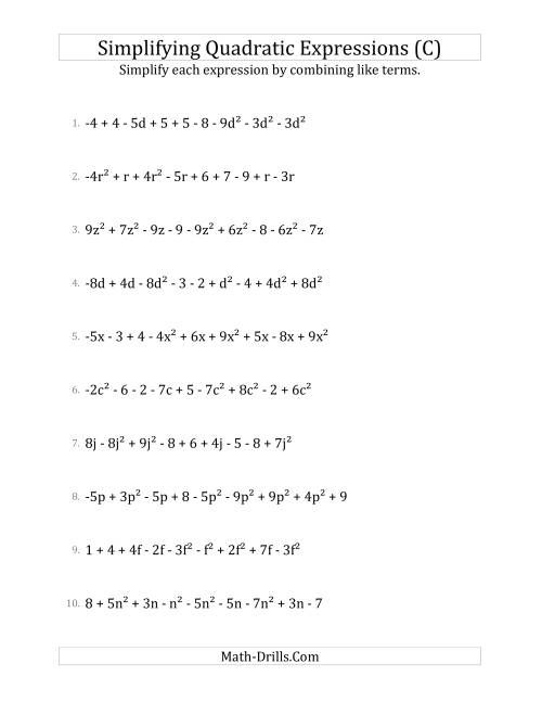 The Simplifying Quadratic Expressions with 9 Terms (C) Math Worksheet