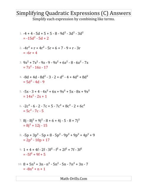 The Simplifying Quadratic Expressions with 9 Terms (C) Math Worksheet Page 2