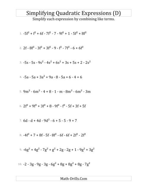 The Simplifying Quadratic Expressions with 9 Terms (D) Math Worksheet