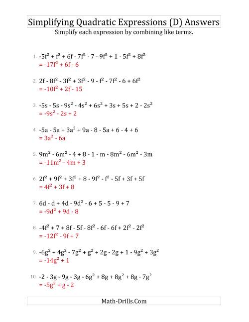The Simplifying Quadratic Expressions with 9 Terms (D) Math Worksheet Page 2