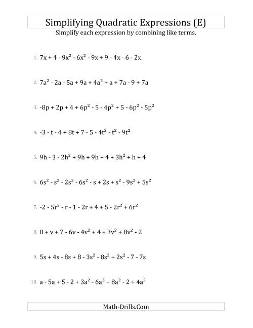 The Simplifying Quadratic Expressions with 9 Terms (E) Math Worksheet