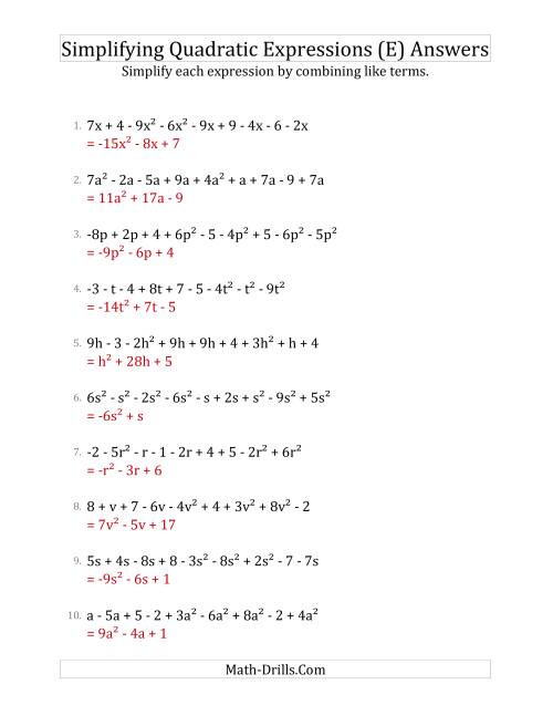 The Simplifying Quadratic Expressions with 9 Terms (E) Math Worksheet Page 2