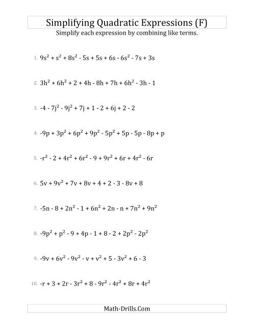 The Simplifying Quadratic Expressions with 9 Terms (F) Math Worksheet