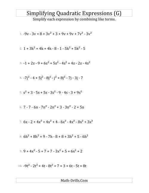 The Simplifying Quadratic Expressions with 9 Terms (G) Math Worksheet