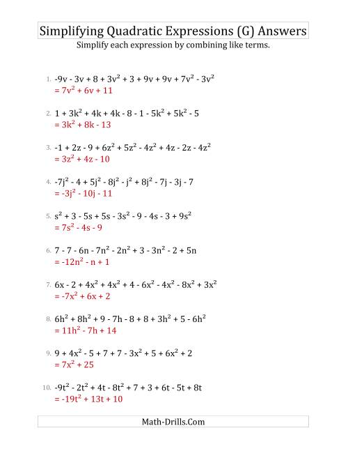 The Simplifying Quadratic Expressions with 9 Terms (G) Math Worksheet Page 2