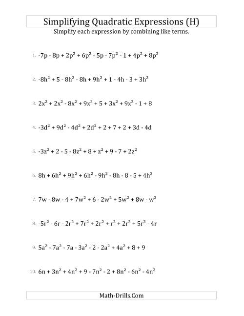 The Simplifying Quadratic Expressions with 9 Terms (H) Math Worksheet