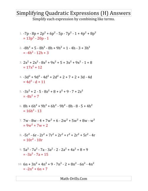 The Simplifying Quadratic Expressions with 9 Terms (H) Math Worksheet Page 2