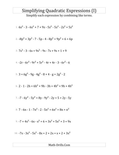 The Simplifying Quadratic Expressions with 9 Terms (I) Math Worksheet