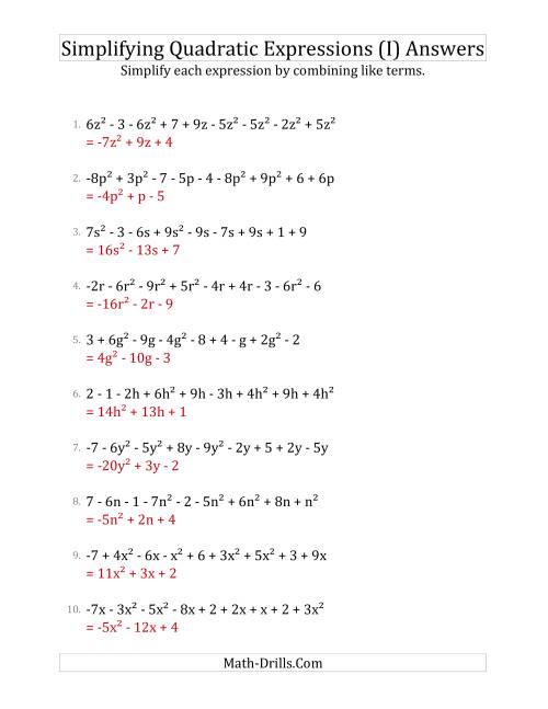 The Simplifying Quadratic Expressions with 9 Terms (I) Math Worksheet Page 2