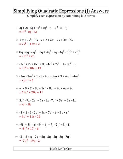 The Simplifying Quadratic Expressions with 9 Terms (J) Math Worksheet Page 2