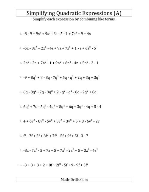 The Simplifying Quadratic Expressions with 10 Terms (A) Math Worksheet