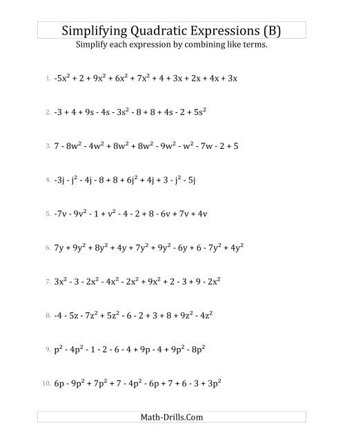 The Simplifying Quadratic Expressions with 10 Terms (B) Math Worksheet