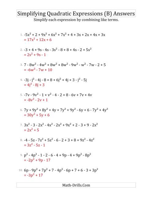 The Simplifying Quadratic Expressions with 10 Terms (B) Math Worksheet Page 2