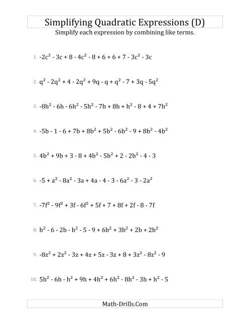 The Simplifying Quadratic Expressions with 10 Terms (D) Math Worksheet