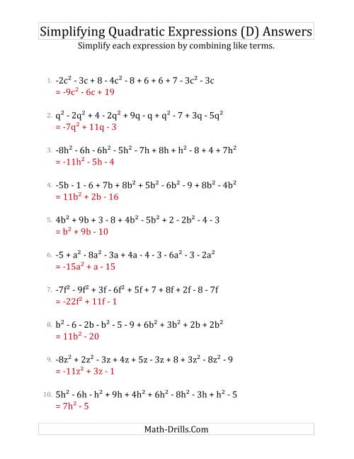The Simplifying Quadratic Expressions with 10 Terms (D) Math Worksheet Page 2