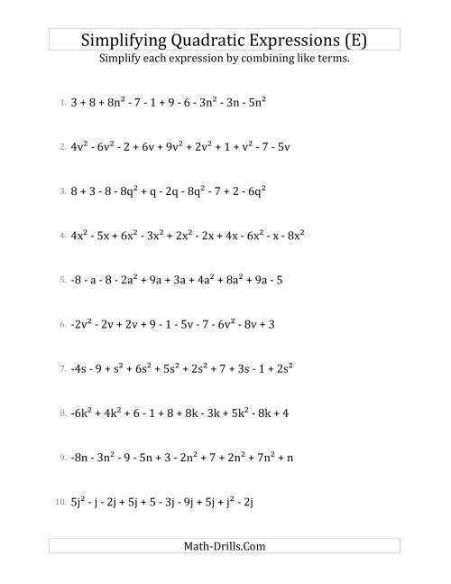 The Simplifying Quadratic Expressions with 10 Terms (E) Math Worksheet