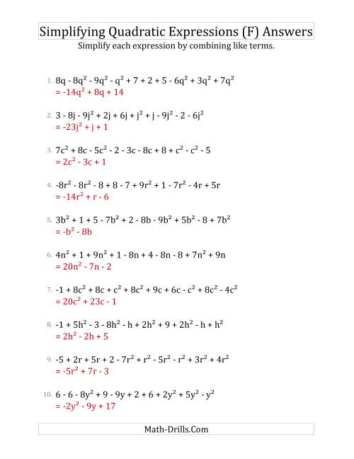 The Simplifying Quadratic Expressions with 10 Terms (F) Math Worksheet Page 2