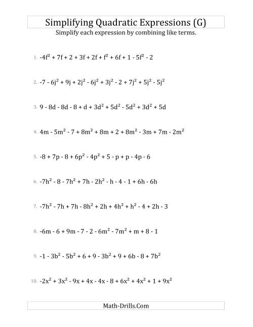 The Simplifying Quadratic Expressions with 10 Terms (G) Math Worksheet