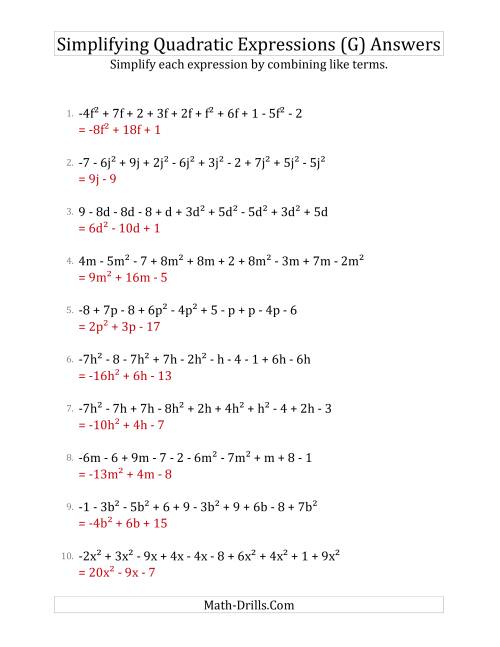 The Simplifying Quadratic Expressions with 10 Terms (G) Math Worksheet Page 2