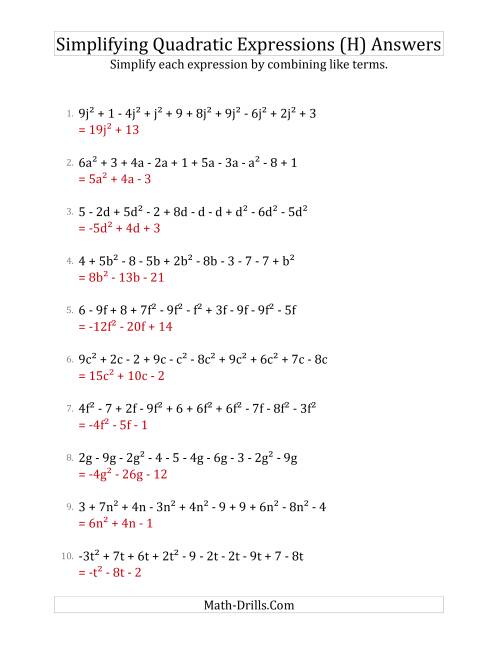 The Simplifying Quadratic Expressions with 10 Terms (H) Math Worksheet Page 2