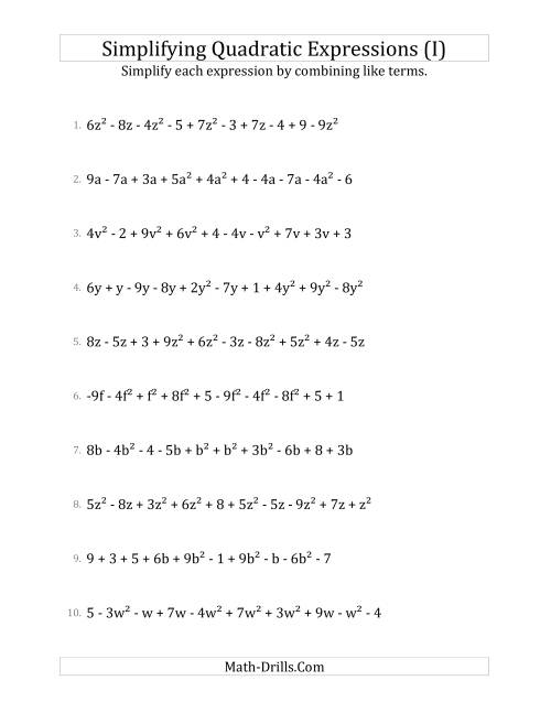 The Simplifying Quadratic Expressions with 10 Terms (I) Math Worksheet