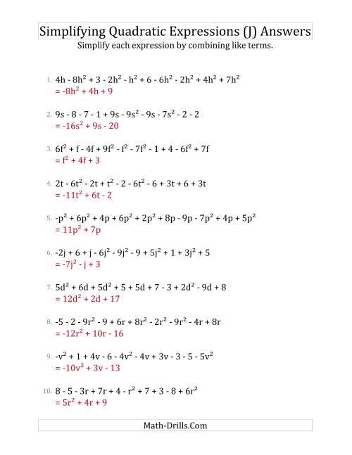 The Simplifying Quadratic Expressions with 10 Terms (J) Math Worksheet Page 2