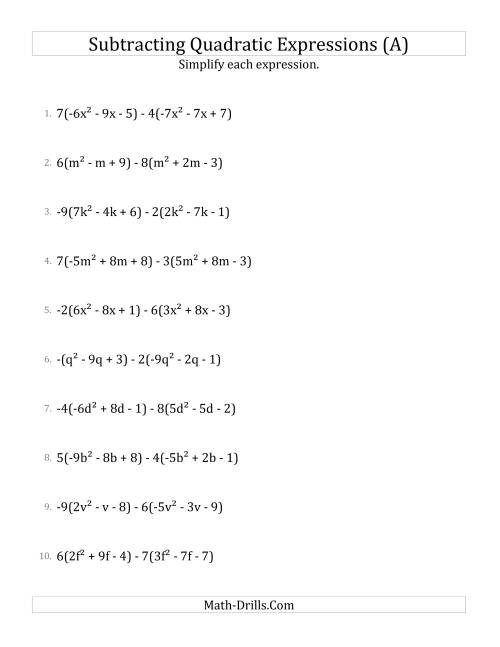 The Subtracting and Simplifying Quadratic Expressions with Multipliers (A) Math Worksheet